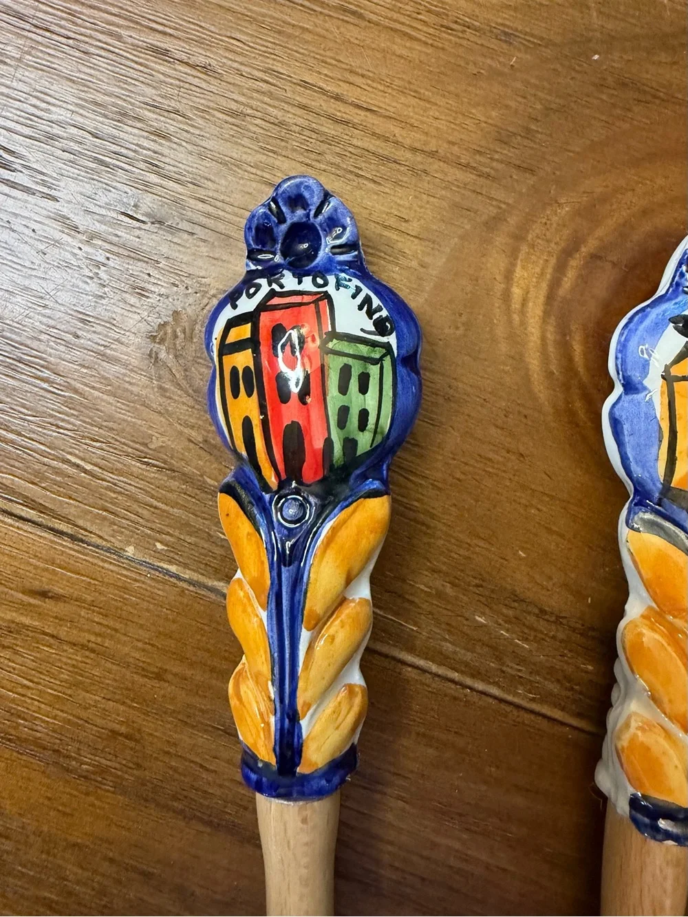 Italian Hand Painted Ceramic Wood Salad Servers Portofino Coastal Houses